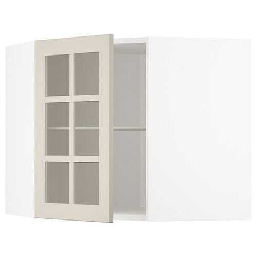 METOD - Corner wall cab w shelves/glass dr, white/Stensund beige , 68x60 cm