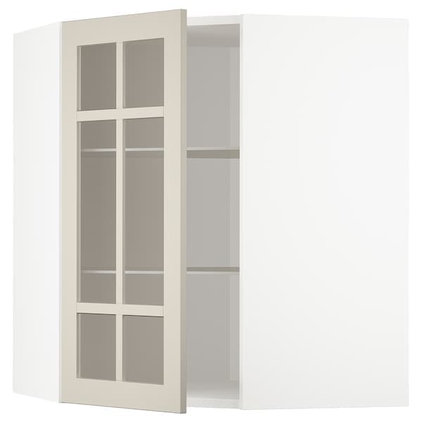 METOD - Corner wall cab w shelves/glass dr, white/Stensund beige, 68x80 cm - best price from Maltashopper.com 69407974