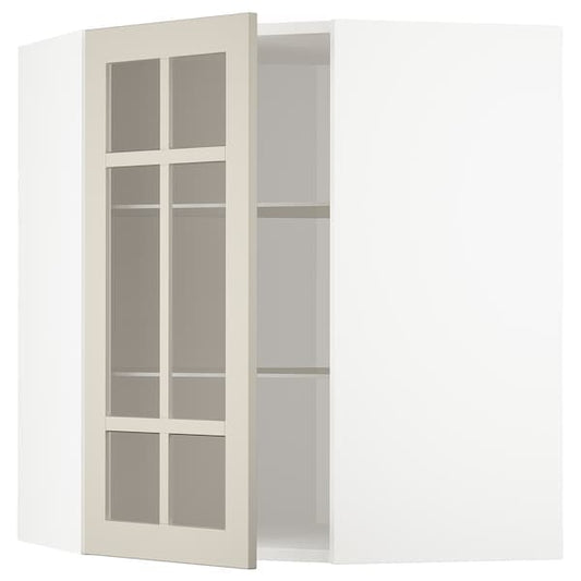 METOD - Corner wall cab w shelves/glass dr, white/Stensund beige, 68x80 cm - best price from Maltashopper.com 69407974