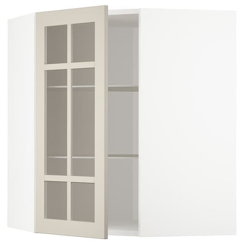METOD - Corner wall cab w shelves/glass dr, white/Stensund beige, 68x80 cm
