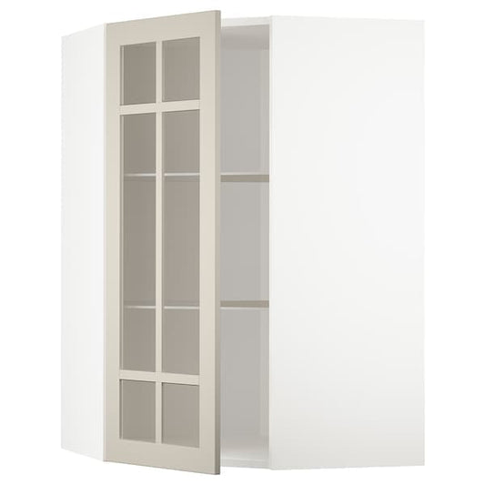 Ikea METOD - Corner wall cab w shelves/glass dr, white/Stensund beige, 68x100 cm