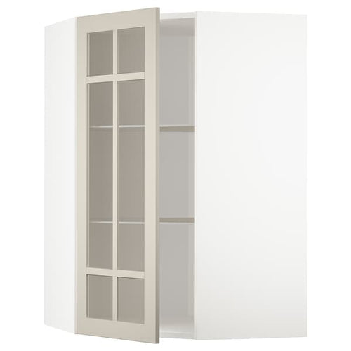 METOD - Corner wall cab w shelves/glass dr, white/Stensund beige, 68x100 cm