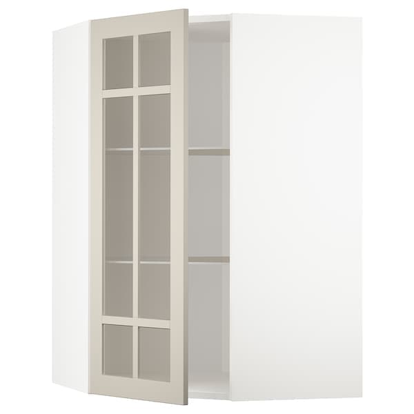 METOD - Corner wall cab w shelves/glass dr, white/Stensund beige, 68x100 cm