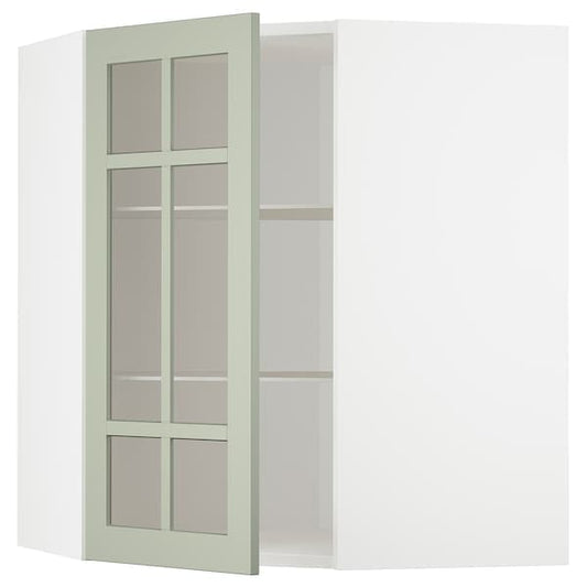 Ikea METOD - Corner wall cab w shelves/glass dr, white/Stensund light green, 68x80 cm