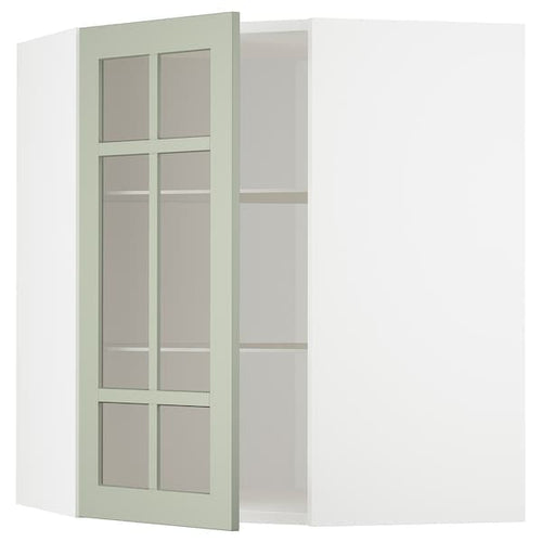 METOD - Corner wall cab w shelves/glass dr, white/Stensund light green, 68x80 cm