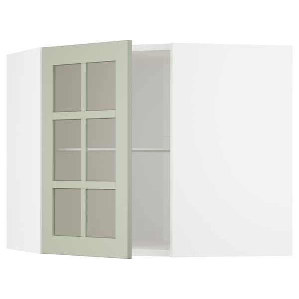 METOD - Corner wall cab w shelves/glass dr, white/Stensund light green, 68x60 cm - best price from Maltashopper.com 69486768