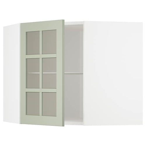 METOD - Corner wall cab w shelves/glass dr, white/Stensund light green, 68x60 cm