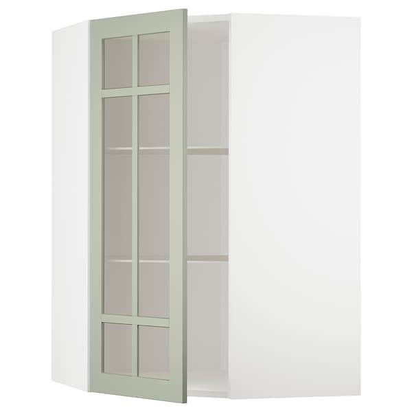 Ikea METOD - Corner wall cab w shelves/glass dr, white/Stensund light green, 68x100 cm
