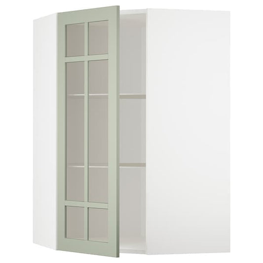 Ikea METOD - Corner wall cab w shelves/glass dr, white/Stensund light green, 68x100 cm