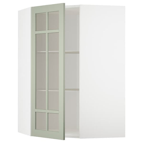 METOD corner wall cab w shelves/glass dr, white/Stensund light green, 68x100 cm