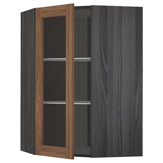 METOD - Corner wall cab w shelves/glass dr, black Enköping/brown walnut effect, 68x100 cm - best price from Maltashopper.com 39476756