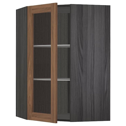 METOD - Corner wall cab w shelves/glass dr, black Enköping/brown walnut effect, 68x100 cm