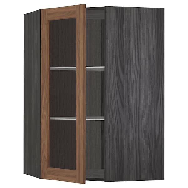 METOD corner wall cab w shelves/glass dr, black Enköping/brown walnut effect, 68x100 cm