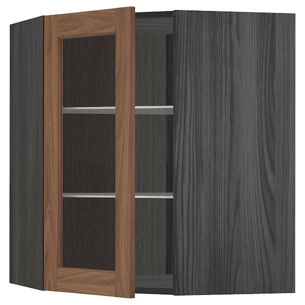 METOD corner wall cab w shelves/glass dr, black Enköping/brown walnut effect, 68x80 cm