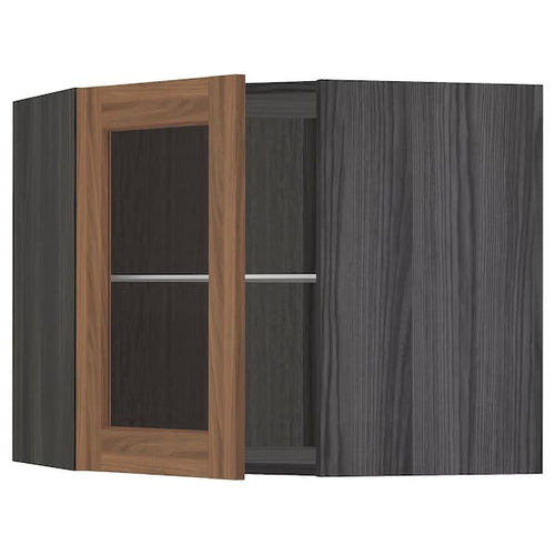 METOD - Corner wall cab w shelves/glass dr, black Enköping/brown walnut effect, 68x60 cm