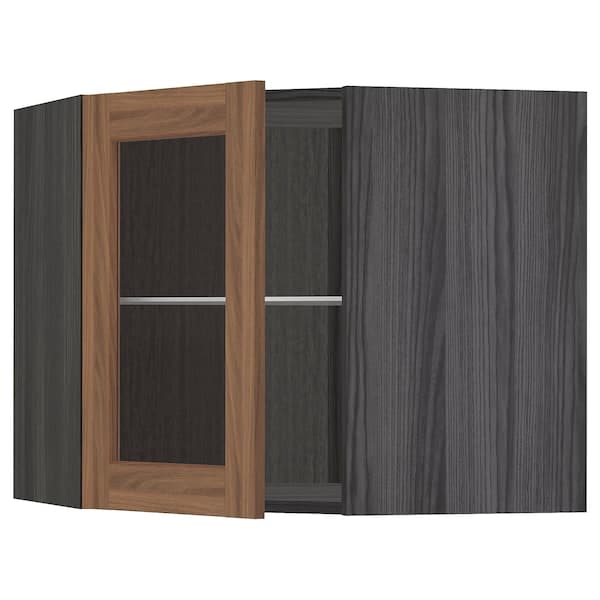 METOD - Corner wall cab w shelves/glass dr, black Enköping/brown walnut effect, 68x60 cm