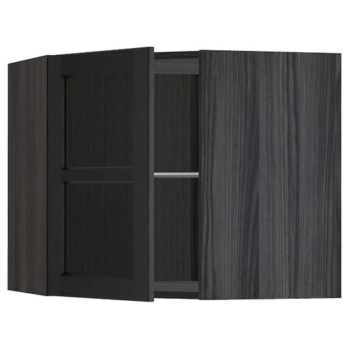METOD - Corner wall cab w shelves/glass dr, black/Lerhyttan black stained, 68x60 cm