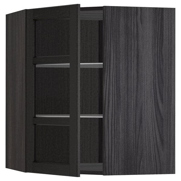 Ikea METOD - Corner wall cab w shelves/glass dr, black/Lerhyttan black stained, 68x80 cm