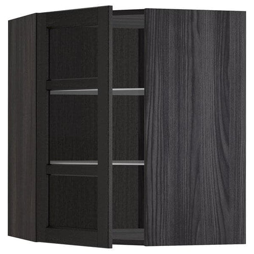 METOD - Corner wall cab w shelves/glass dr, black/Lerhyttan black stained, 68x80 cm