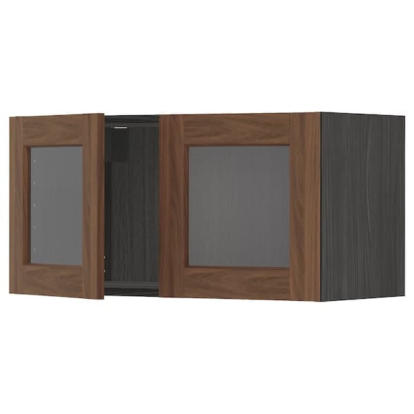 METOD - Wall cabinet with 2 glass doors, black Enköping/brown walnut effect, 80x40 cm - best price from Maltashopper.com 39476488