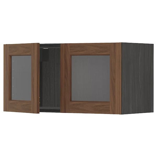 METOD - Wall cabinet with 2 glass doors, black Enköping/brown walnut effect, 80x40 cm