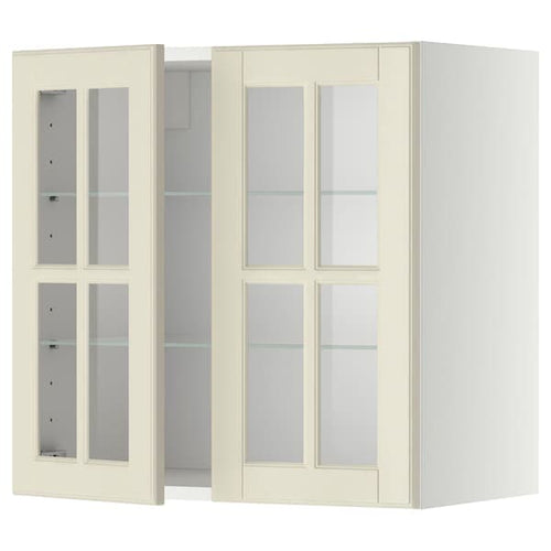 METOD wall cabinet w shelves/2 glass drs, white/Bodbyn off-white, 60x60 cm