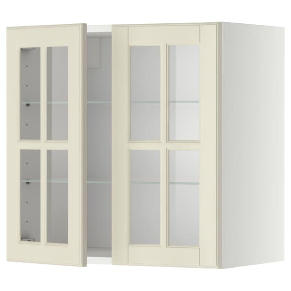 METOD - Wall cabinet w shelves/2 glass drs, white/Bodbyn off-white, 60x60 cm