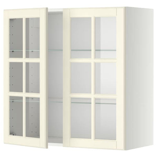 METOD - Wall cabinet w shelves/2 glass drs, white/Bodbyn off-white, 80x80 cm