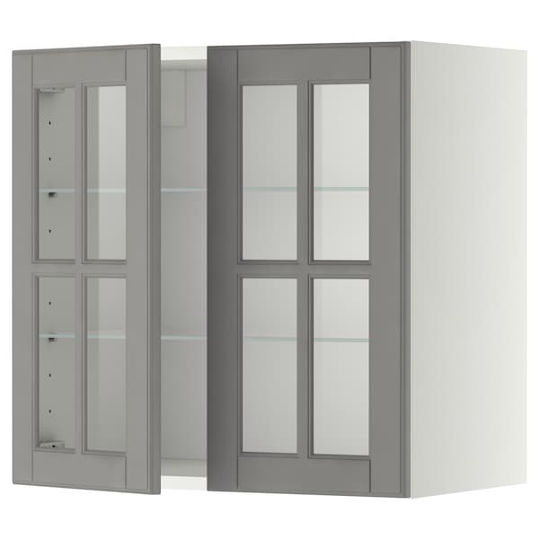 METOD - Wall cabinet w shelves/2 glass drs, white/Bodbyn grey, 60x60 cm - best price from Maltashopper.com 09394955