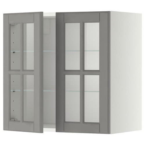 METOD - Wall cabinet w shelves/2 glass drs, white/Bodbyn grey, 60x60 cm