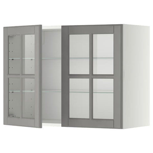 METOD - Wall cabinet w shelves/2 glass drs, white/Bodbyn grey, 80x60 cm