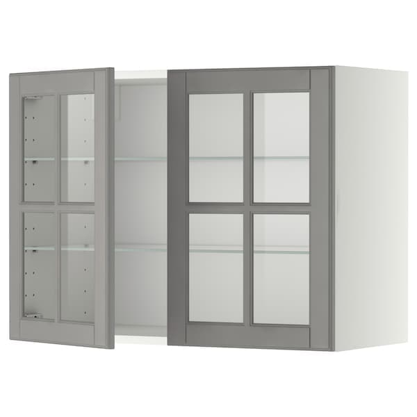 METOD - Wall cabinet w shelves/2 glass drs, white/Bodbyn grey, 80x60 cm