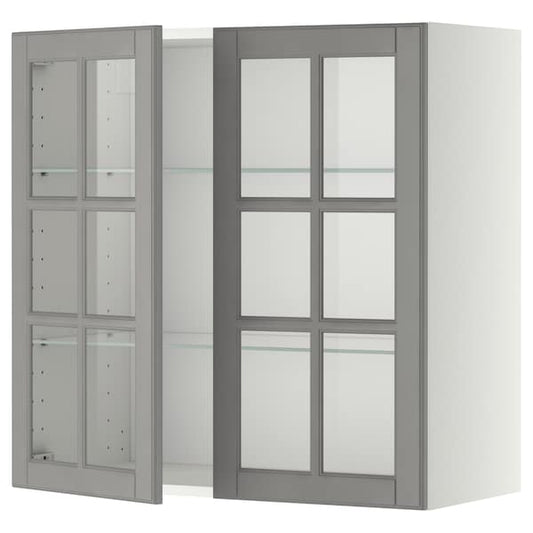 Ikea METOD - Wall cabinet w shelves/2 glass drs, white/Bodbyn grey, 80x80 cm