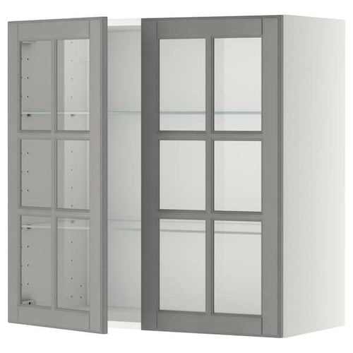 METOD - Wall cabinet w shelves/2 glass drs, white/Bodbyn grey, 80x80 cm