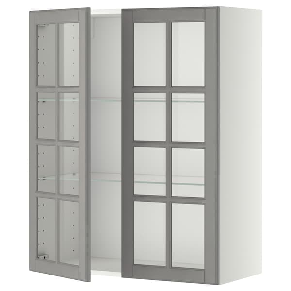 Ikea METOD - Wall cabinet w shelves/2 glass drs, white/Bodbyn grey, 80x100 cm