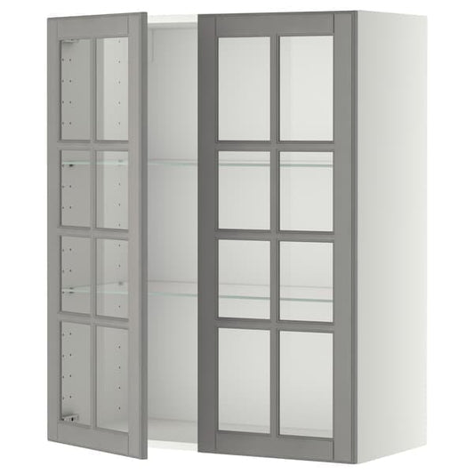 Ikea METOD - Wall cabinet w shelves/2 glass drs, white/Bodbyn grey, 80x100 cm