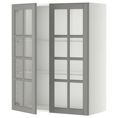 METOD - Wall cabinet w shelves/2 glass drs, white/Bodbyn grey, 80x100 cm