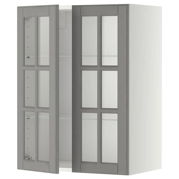 METOD - Wall cabinet w shelves/2 glass drs, white/Bodbyn grey, 60x80 cm - best price from Maltashopper.com 69394957