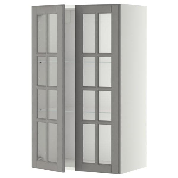 METOD - Wall cabinet w shelves/2 glass drs, white/Bodbyn grey, 60x100 cm - best price from Maltashopper.com 29394959