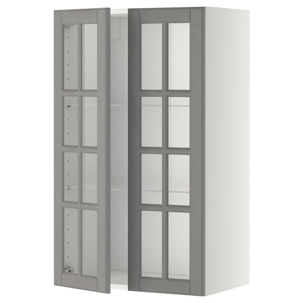 METOD - Wall cabinet w shelves/2 glass drs, white/Bodbyn grey, 60x100 cm