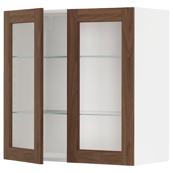METOD - Wall cabinet w shelves/2 glass drs, white Enköping/brown walnut effect, 80x80 cm - best price from Maltashopper.com 19475121