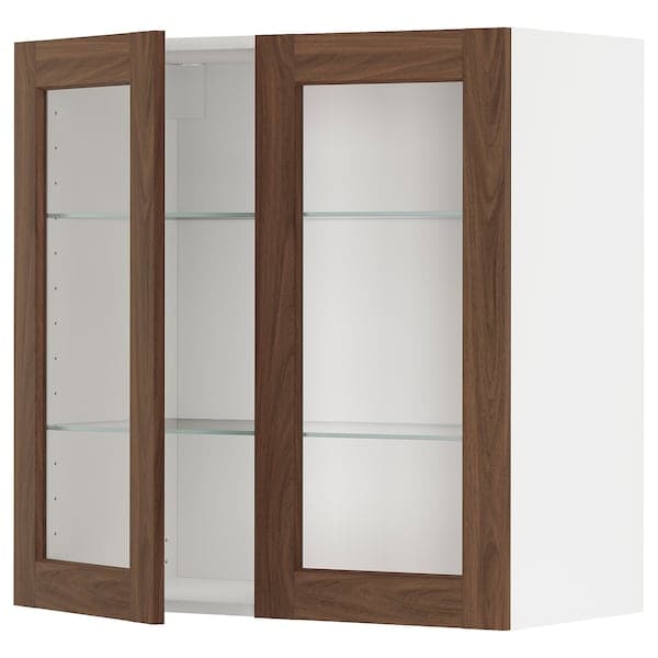Ikea METOD - Wall cabinet w shelves/2 glass drs, white Enköping/brown walnut effect, 80x80 cm