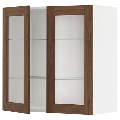 METOD - Wall cabinet w shelves/2 glass drs, white Enköping/brown walnut effect, 80x80 cm