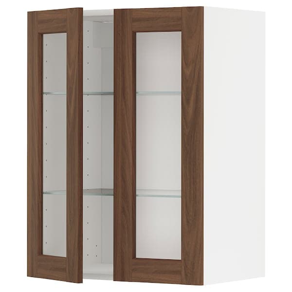 Ikea METOD - Wall cabinet w shelves/2 glass drs, white Enköping/brown walnut effect, 60x80 cm