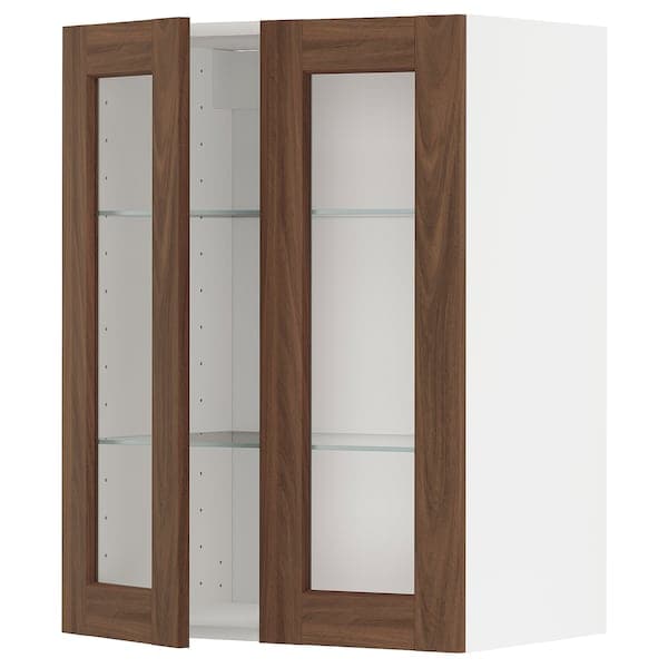 METOD - Wall cabinet w shelves/2 glass drs, white Enköping/brown walnut effect, 60x80 cm - best price from Maltashopper.com 39475120