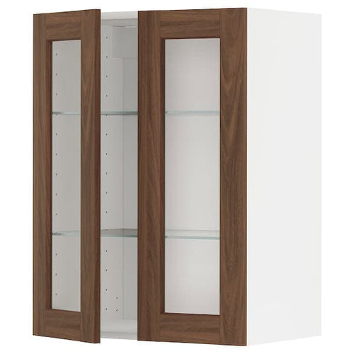 METOD - Wall cabinet w shelves/2 glass drs, white Enköping/brown walnut effect, 60x80 cm