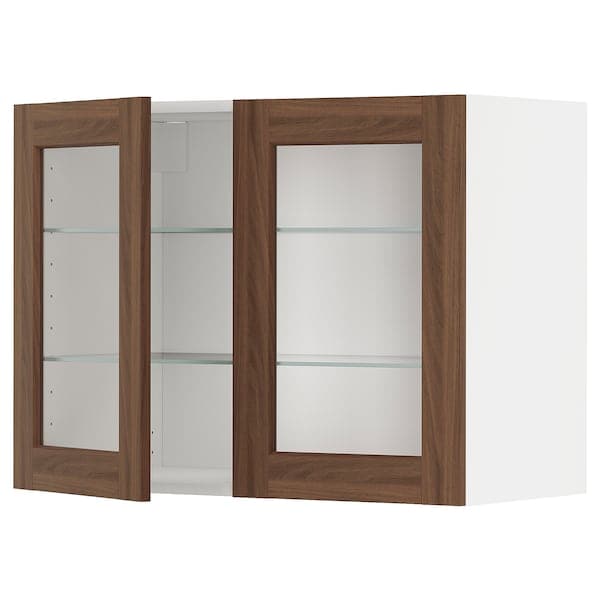METOD - Wall cabinet w shelves/2 glass drs, white Enköping/brown walnut effect, 80x60 cm - best price from Maltashopper.com 59475119