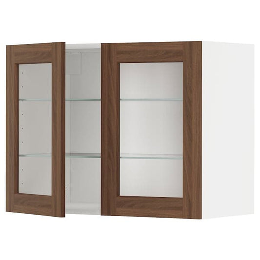 Ikea METOD - Wall cabinet w shelves/2 glass drs, white Enköping/brown walnut effect, 80x60 cm