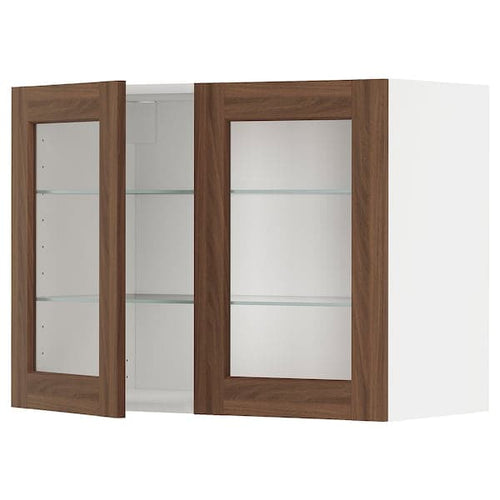 METOD - Wall cabinet w shelves/2 glass drs, white Enköping/brown walnut effect, 80x60 cm
