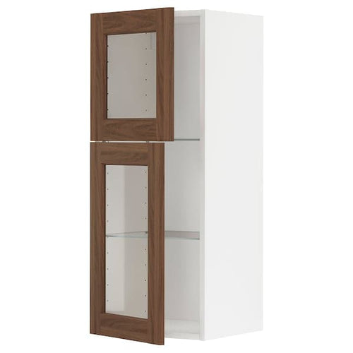 METOD - Wall cabinet w shelves/2 glass drs, white Enköping/brown walnut effect, 40x100 cm